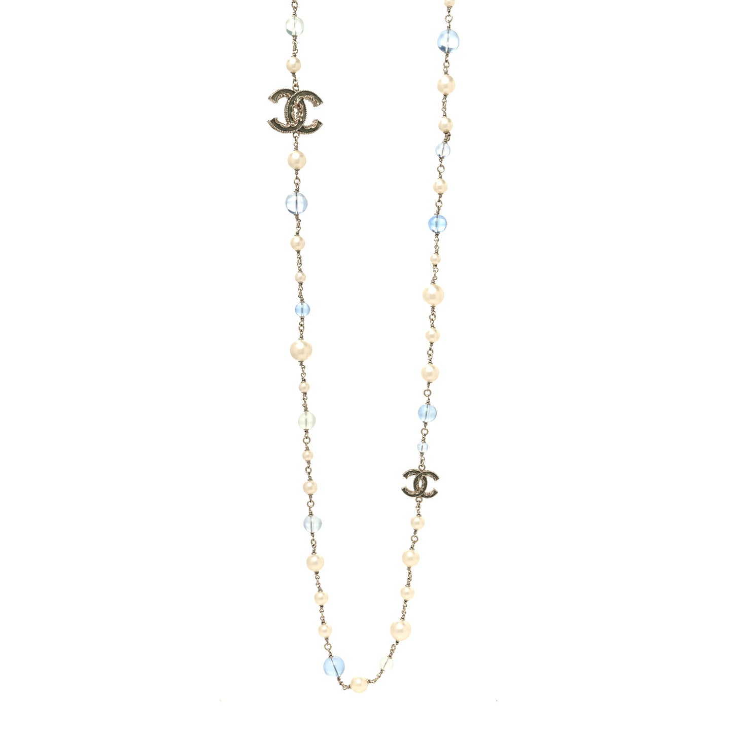 Pearl Beaded CC Long Necklace Silver Light Blue