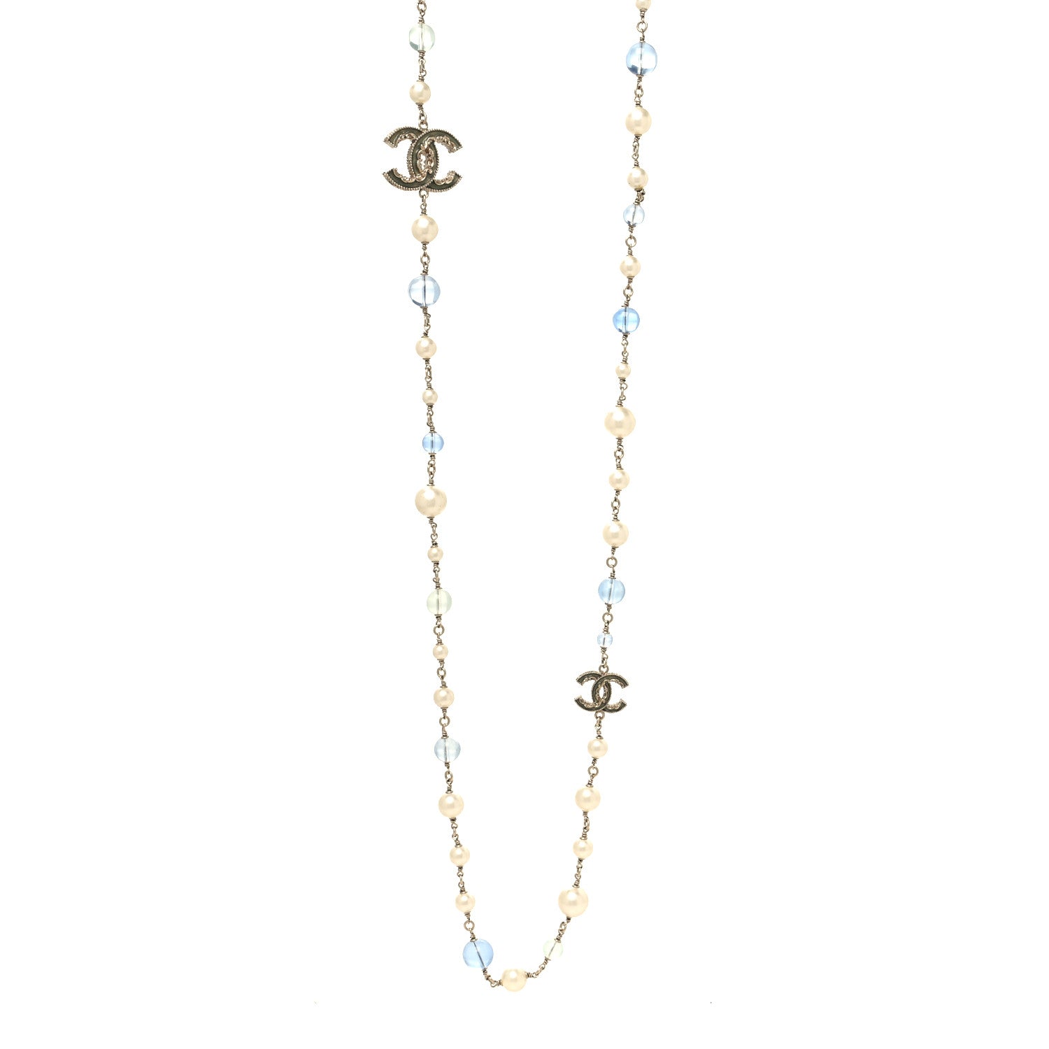Chanel Pearl Beaded CC Long Necklace Silver Light Blue 1 of 5