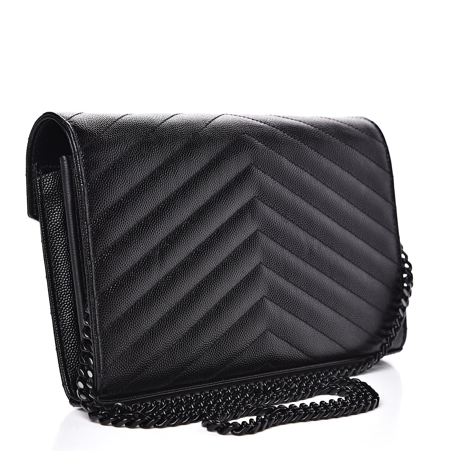 Saint Laurent Grain De Poudre Matelasse Chevron Monogram Chain Wallet Black 3 of 11