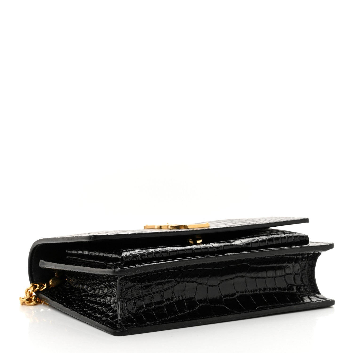 Saint Laurent Calfskin Crocodile Embossed Monogram Sunset Top Handle Chain Wallet Black 4 of 12