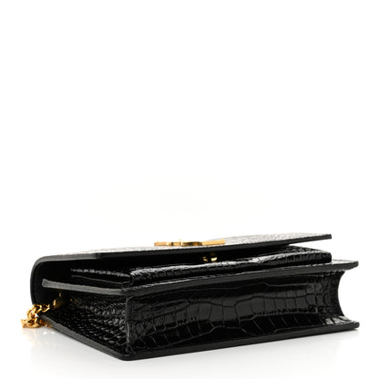 Saint Laurent Calfskin Crocodile Embossed Monogram Sunset Top Handle Chain Wallet Black 4 of 12