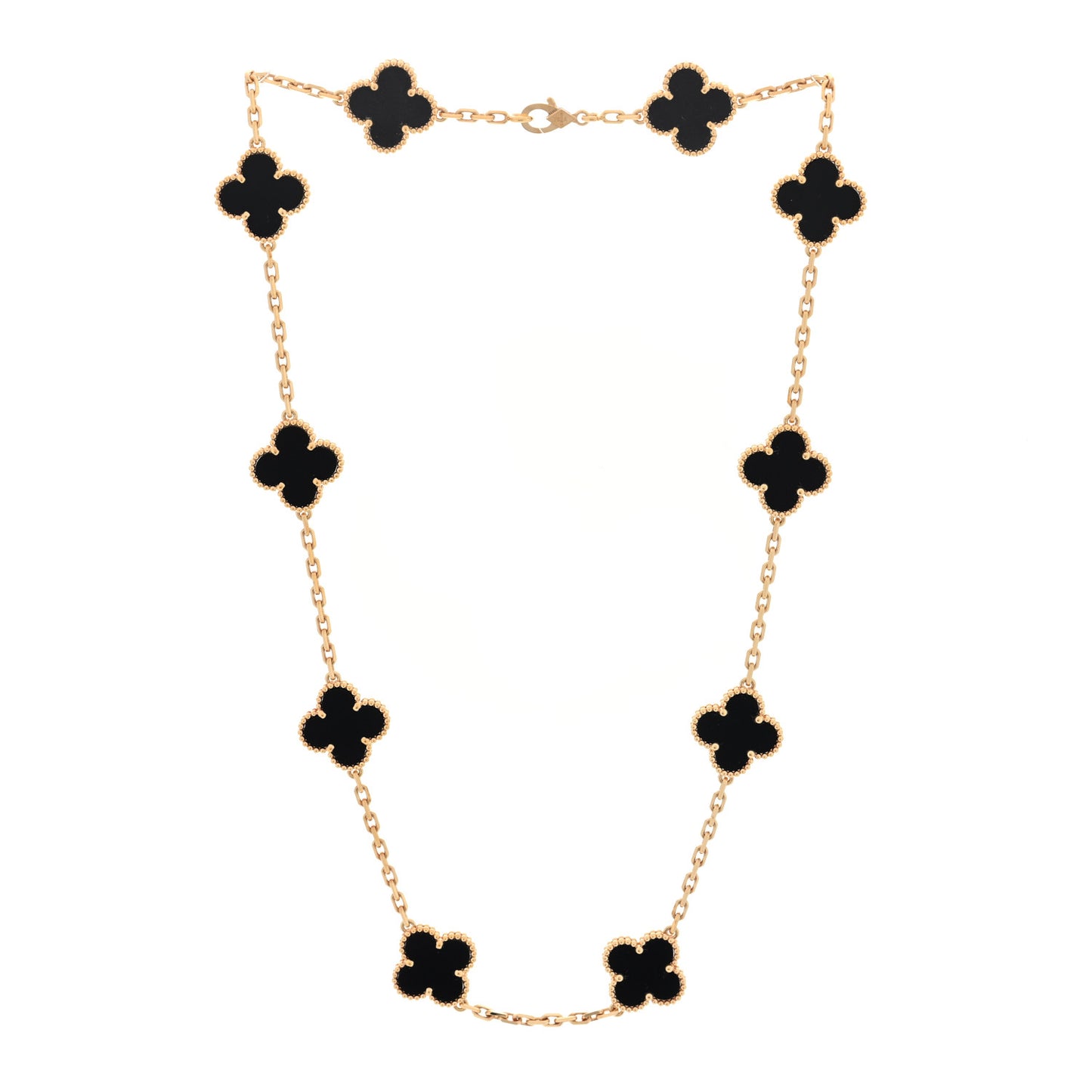 18K Yellow Gold Black Onyx 10 Motifs Vintage Alhambra Necklace