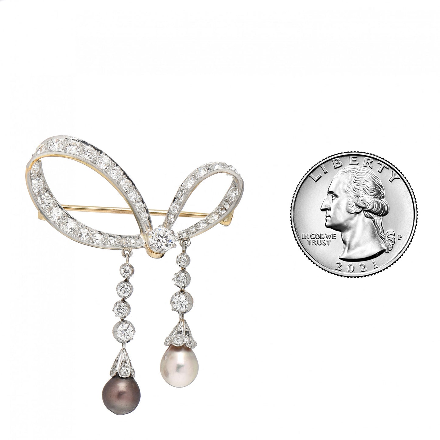 18K Yellow Gold Platinum Diamond Natural Saltwater Pearl Belle Epoque Bow Brooch