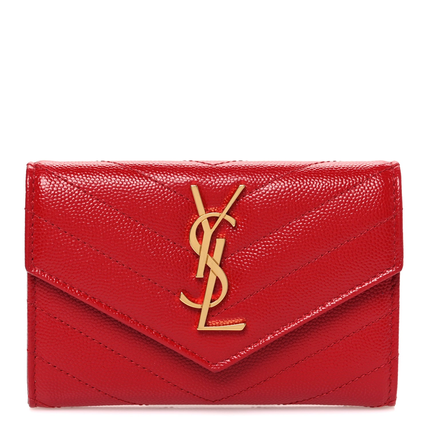 Saint Laurent Grain De Poudre Matelasse Chevron Small Monogram Envelope Wallet New Red 1 of 8