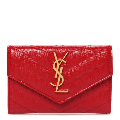 Saint Laurent Grain De Poudre Matelasse Chevron Small Monogram Envelope Wallet New Red 1 of 8