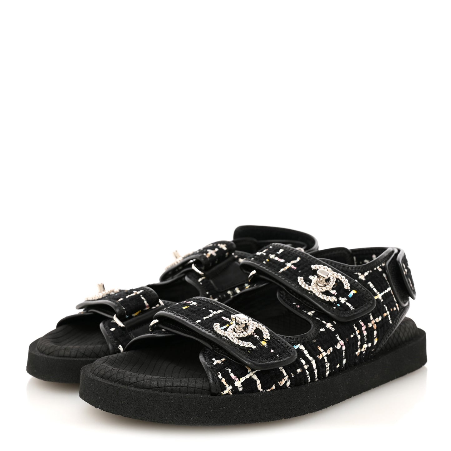 Tweed Lambskin Dad Sandals 36 Black Multicolor