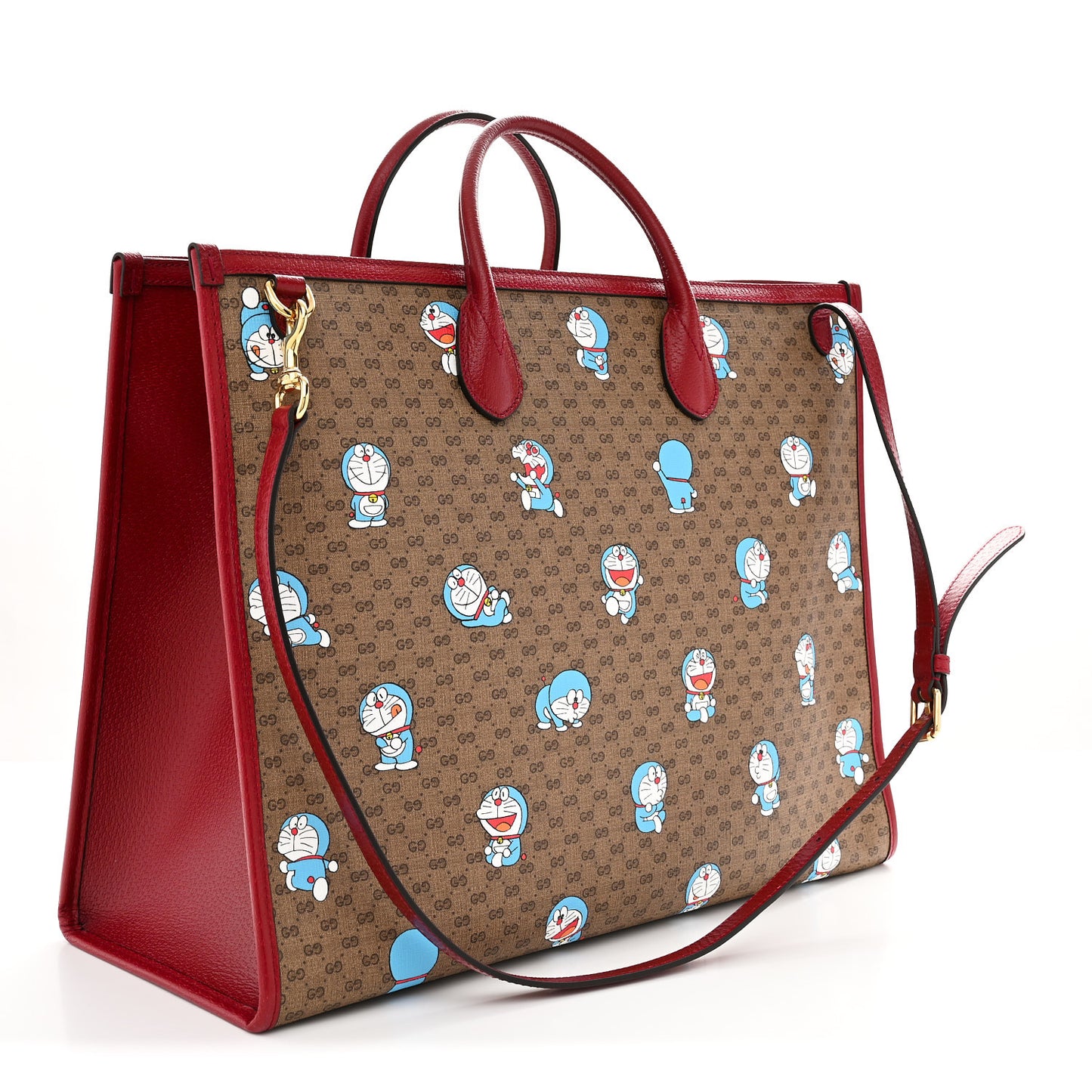X DORAEMON Mini Vintage GG Supreme Monogram Large Tote Bag Beige Cherry Red