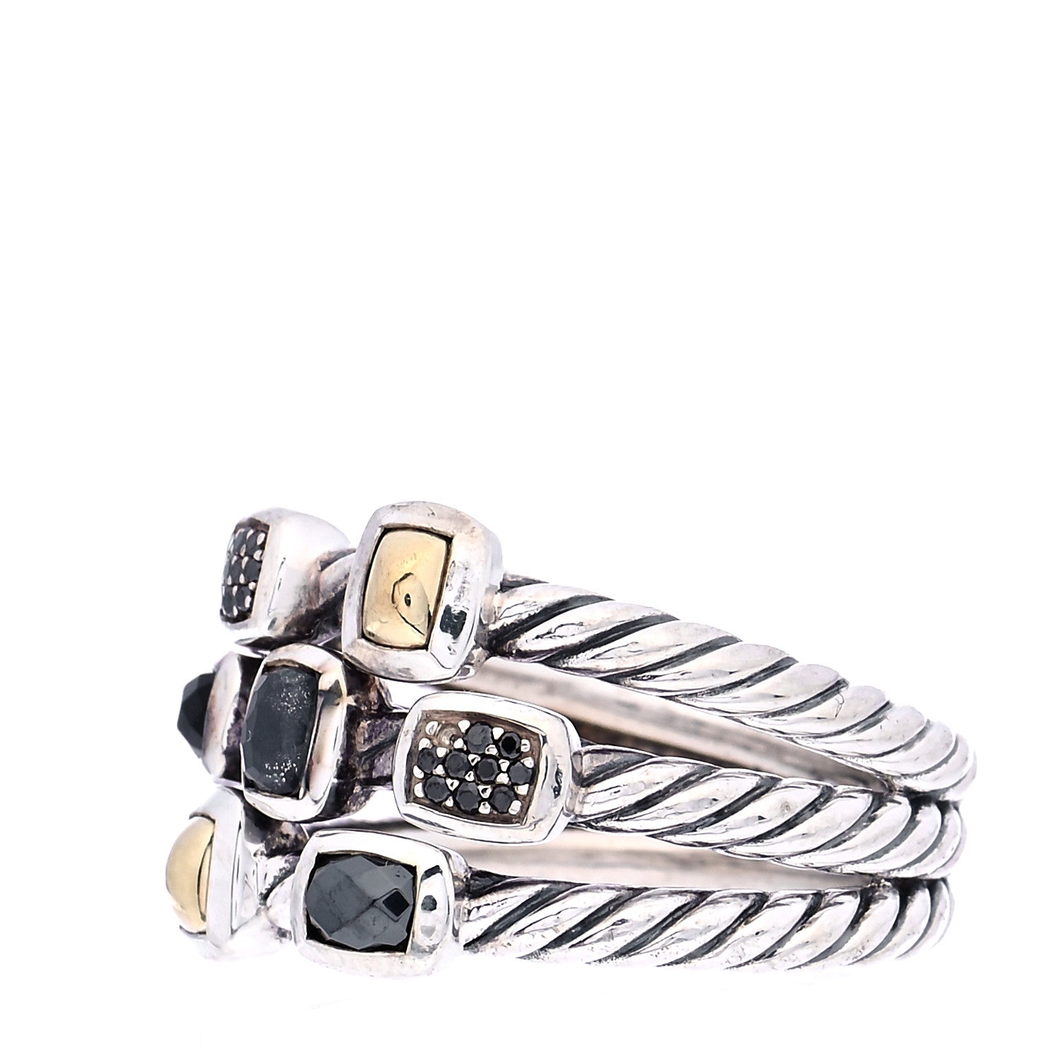 David Yurman Sterling Silver Onyx Hematite Quartz Confetti 3 Row Ring 54 7 4 of 5