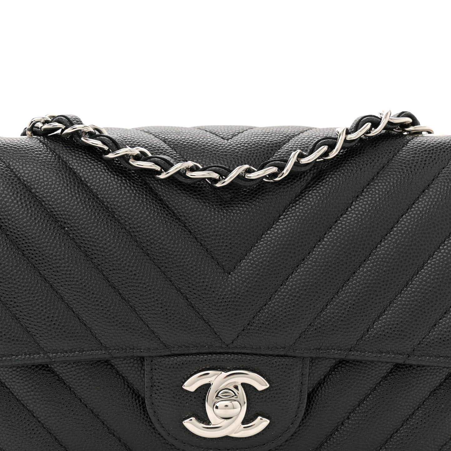Caviar Chevron Quilted Mini Rectangular Flap Black