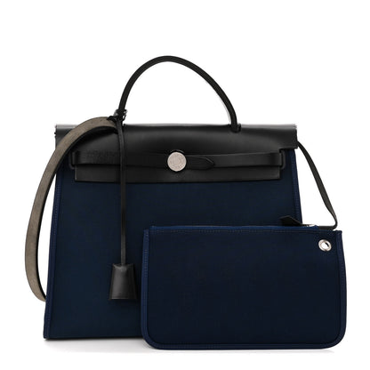Hermes Military Toile Vache Hunter Herbag Zip PM 31 Bleu De Malte Black 1 of 14