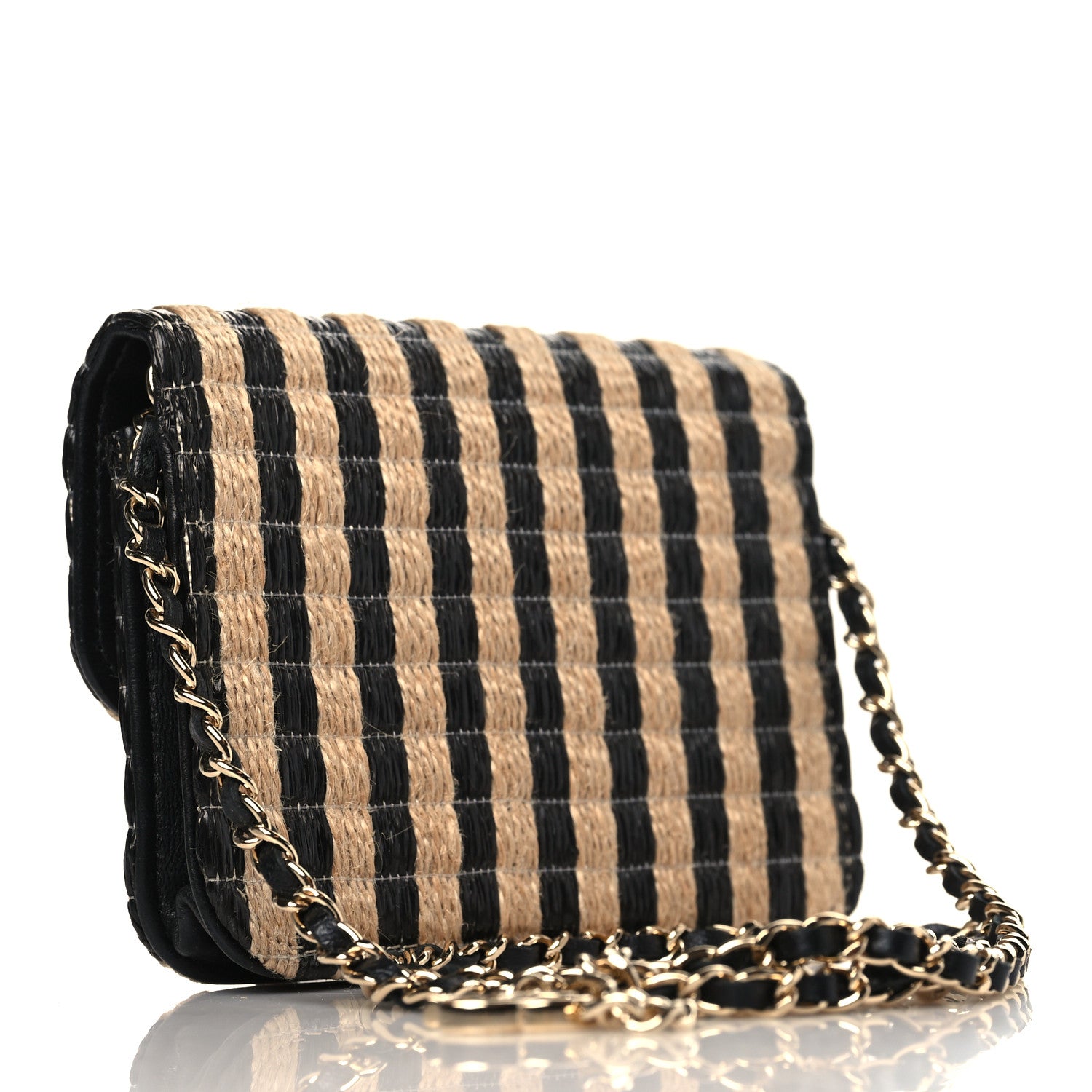 Chanel Raffia Jute Striped Belt Bag Black Beige 2 of 9