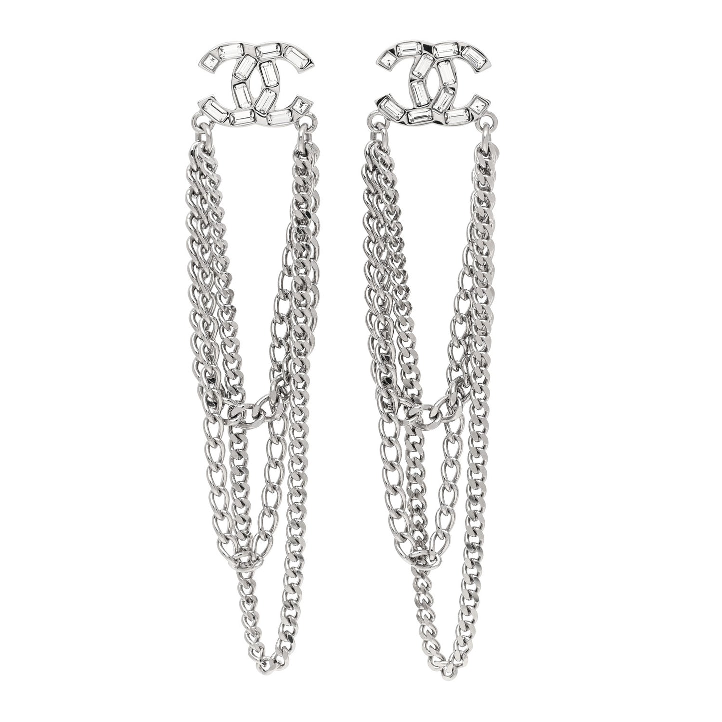Crystal Baguette CC Chain Drop Earrings Silver Silver
