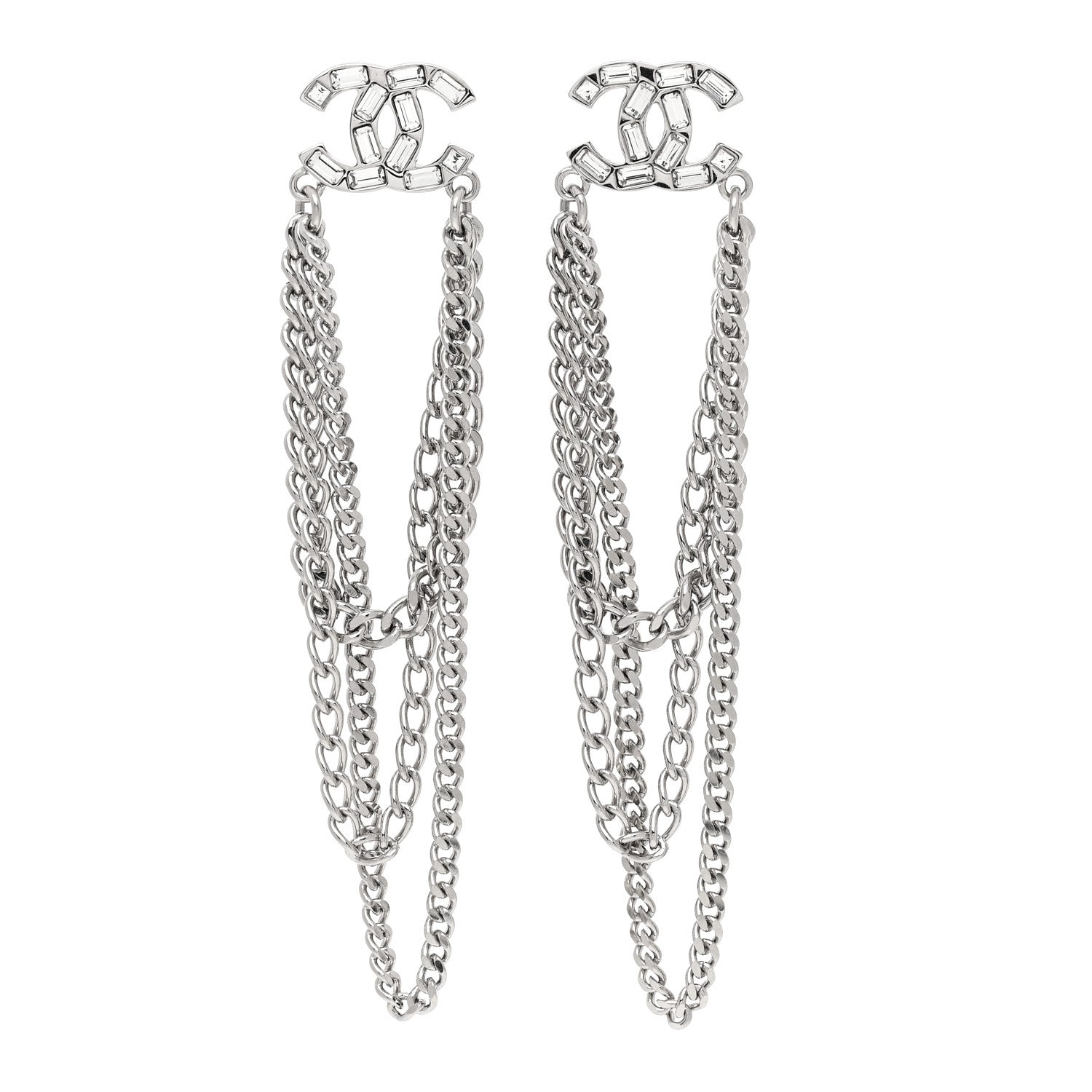 Chanel Crystal Baguette CC Chain Drop Earrings Silver Silver 1 of 4