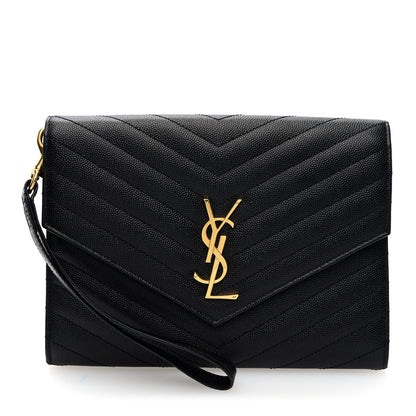 Saint Laurent Grain De Poudre Matelasse Chevron Monogram Envelope Clutch Black 1 of 7