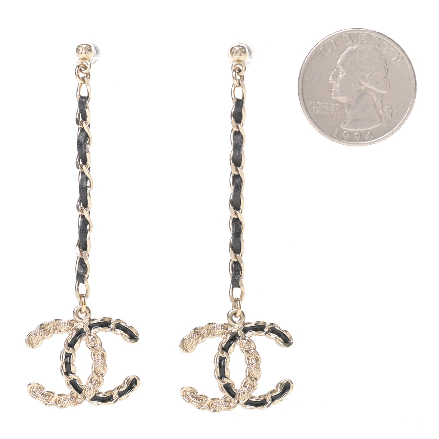 Lambskin Enamel Metal Chain French New Wave CC Drop Earrings Black Gold