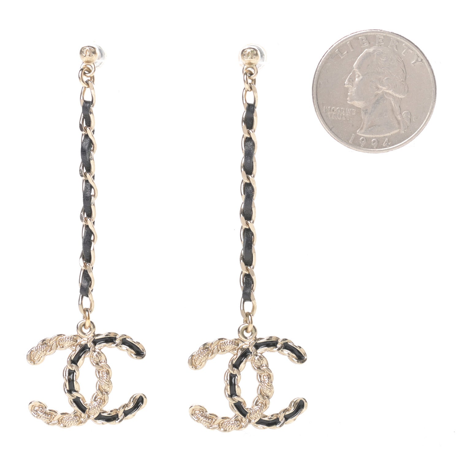 Chanel Lambskin Enamel Metal Chain French New Wave CC Drop Earrings Black Gold 2 of 5