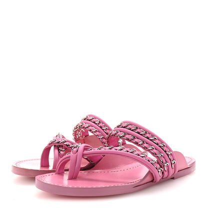 Chanel Calfskin Chain CC Thong Flat Sandals 36 Pink 4 of 10