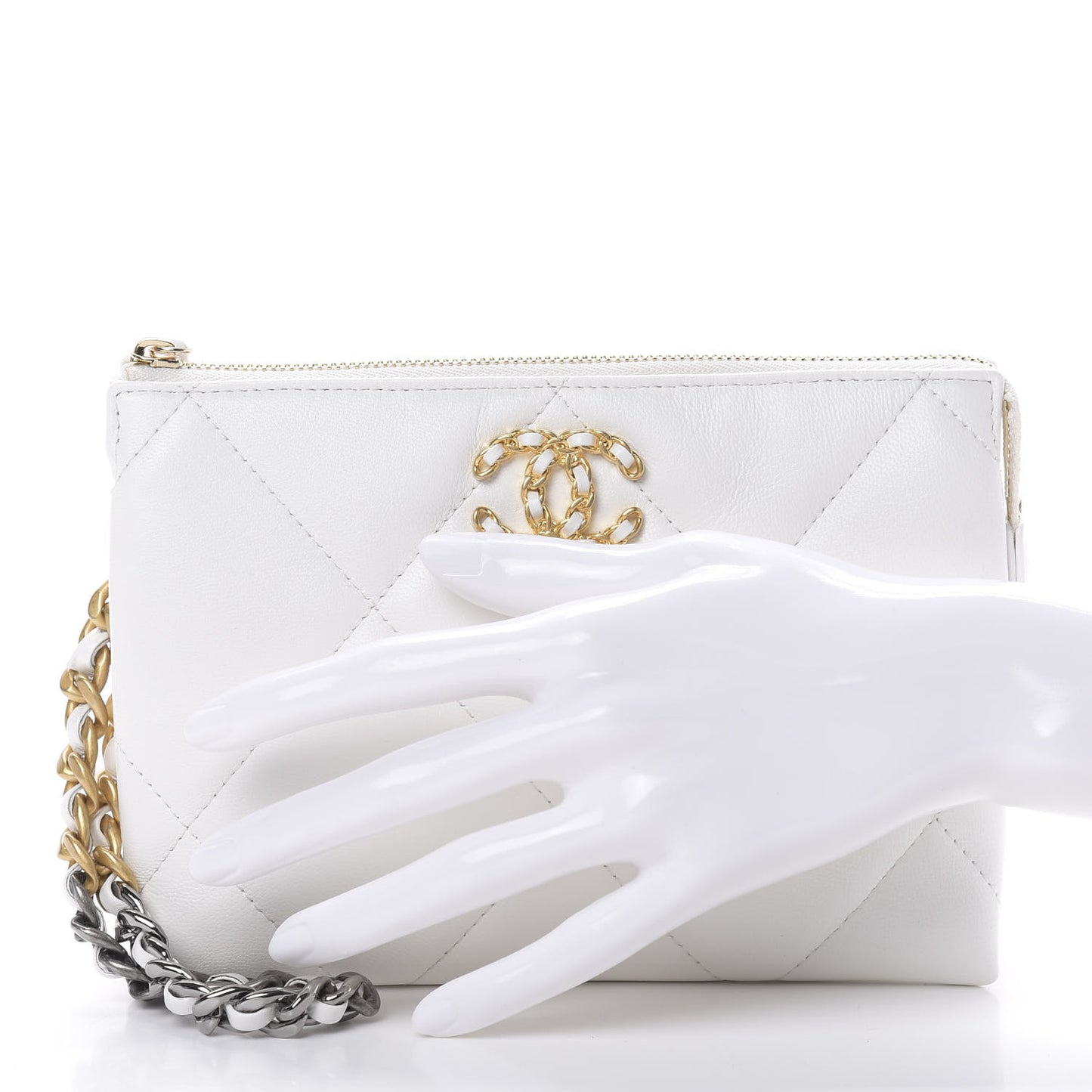 Shiny Goatskin Quilted 19 Small Pouch With Handle White