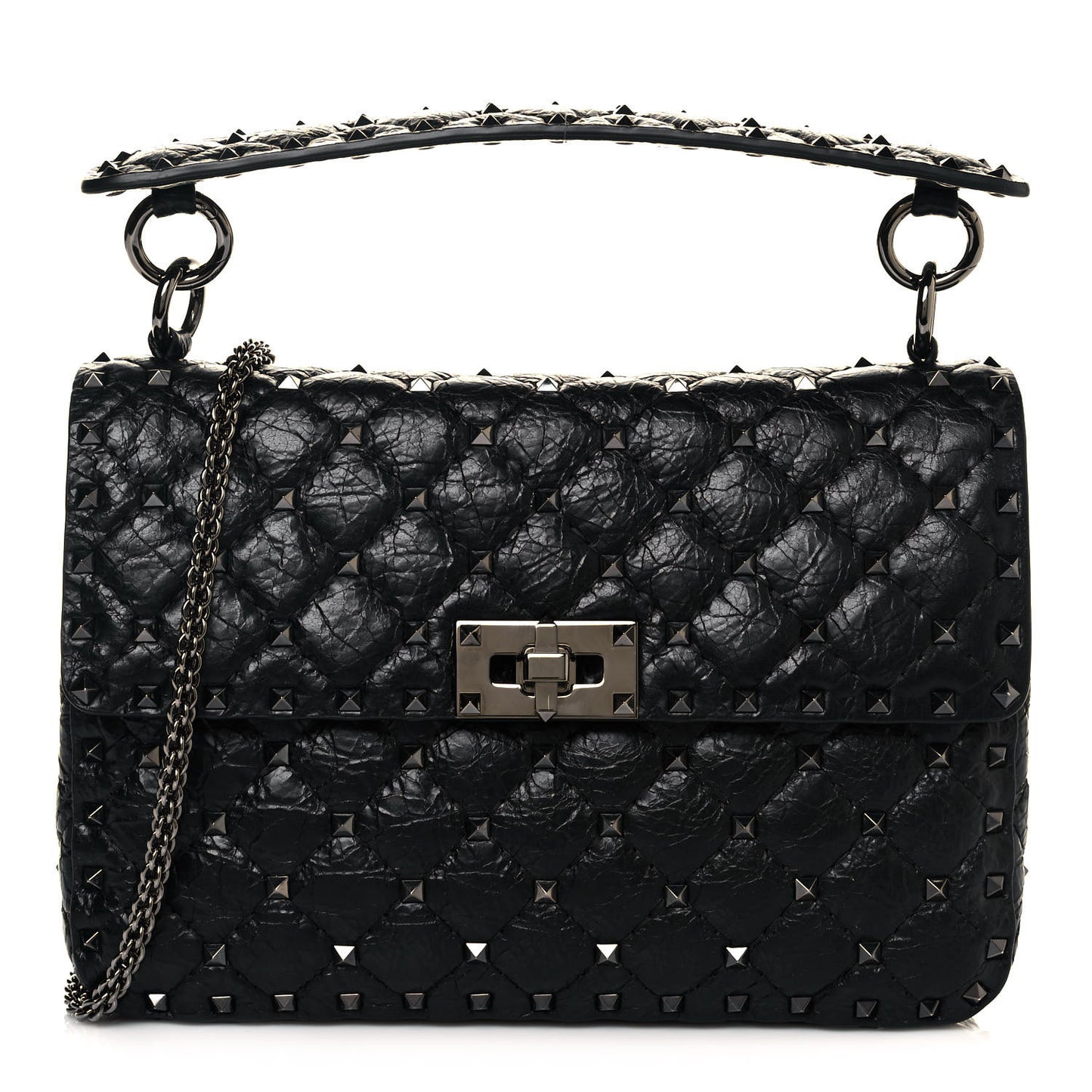 Craquele Nappa Medium Rockstud Spike Shoulder Bag Black