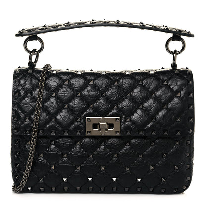 Valentino Garavani Craquele Nappa Medium Rockstud Spike Shoulder Bag Black 1 of 11