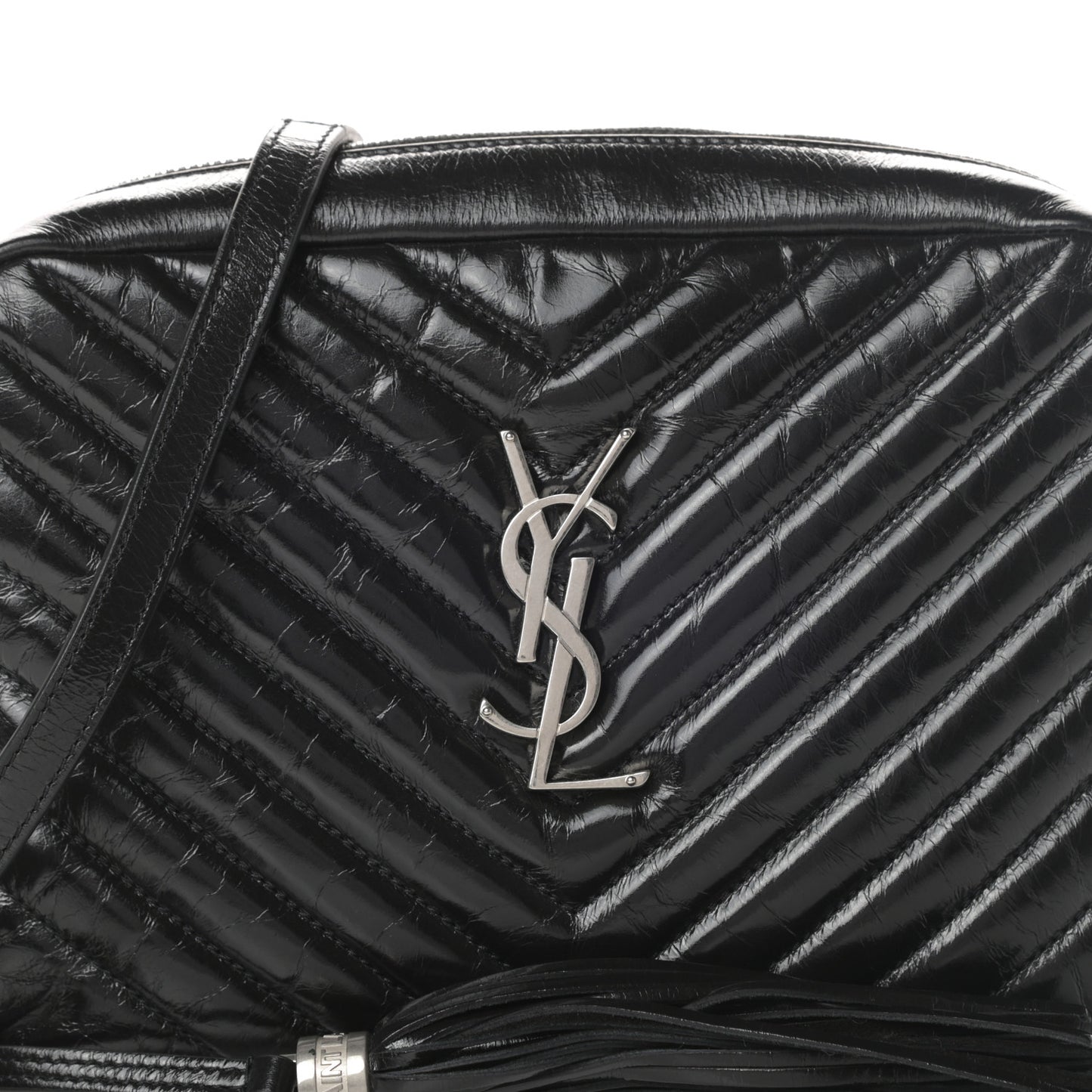 Cracked Shiny Calfskin Matelasse Monogram Lou Camera Bag Black