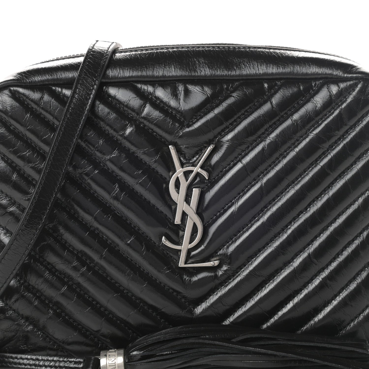 Saint Laurent Cracked Shiny Calfskin Matelasse Monogram Lou Camera Bag Black 8 of 10