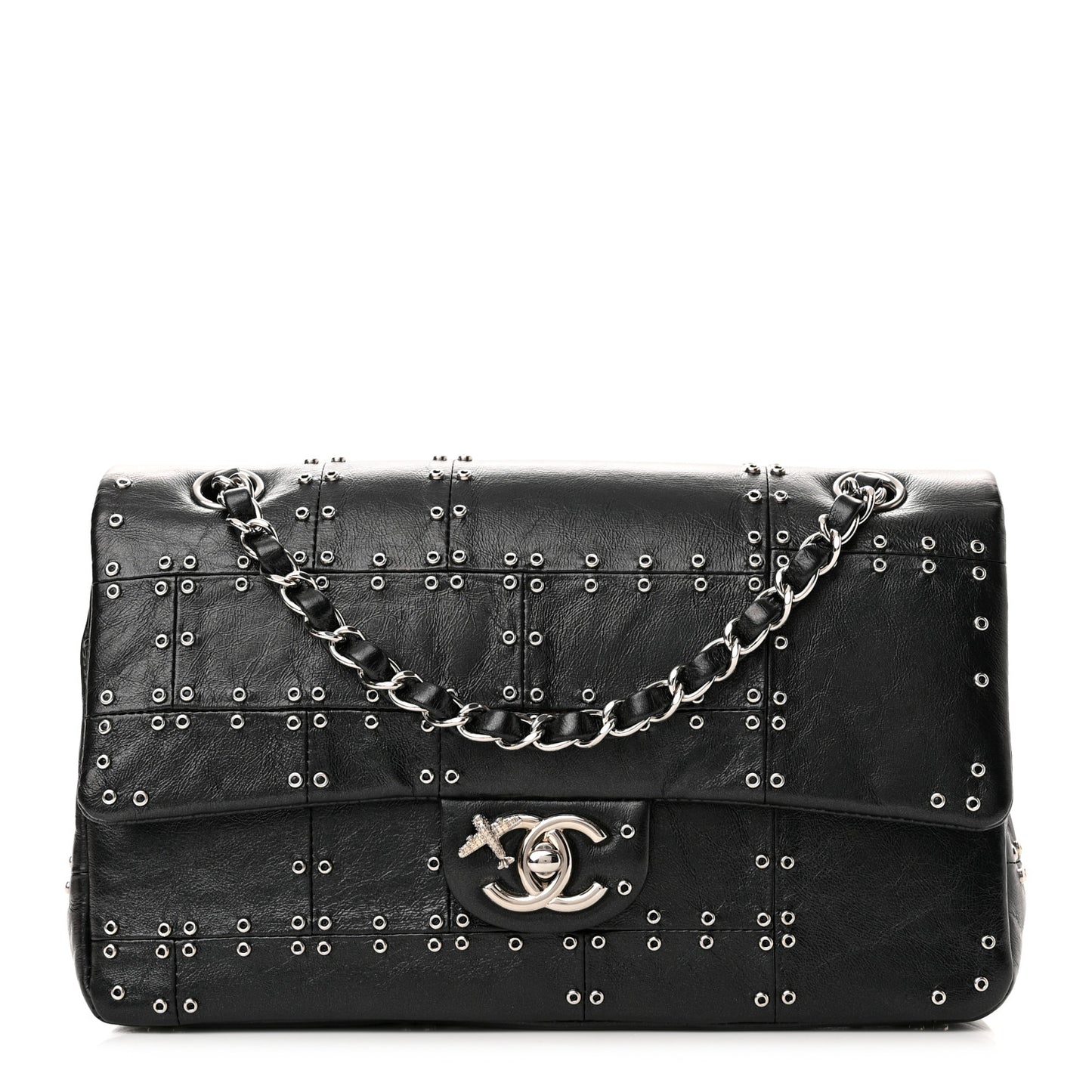 Glazed Calfskin Grommet Embellished Medium Airline Double Flap Black