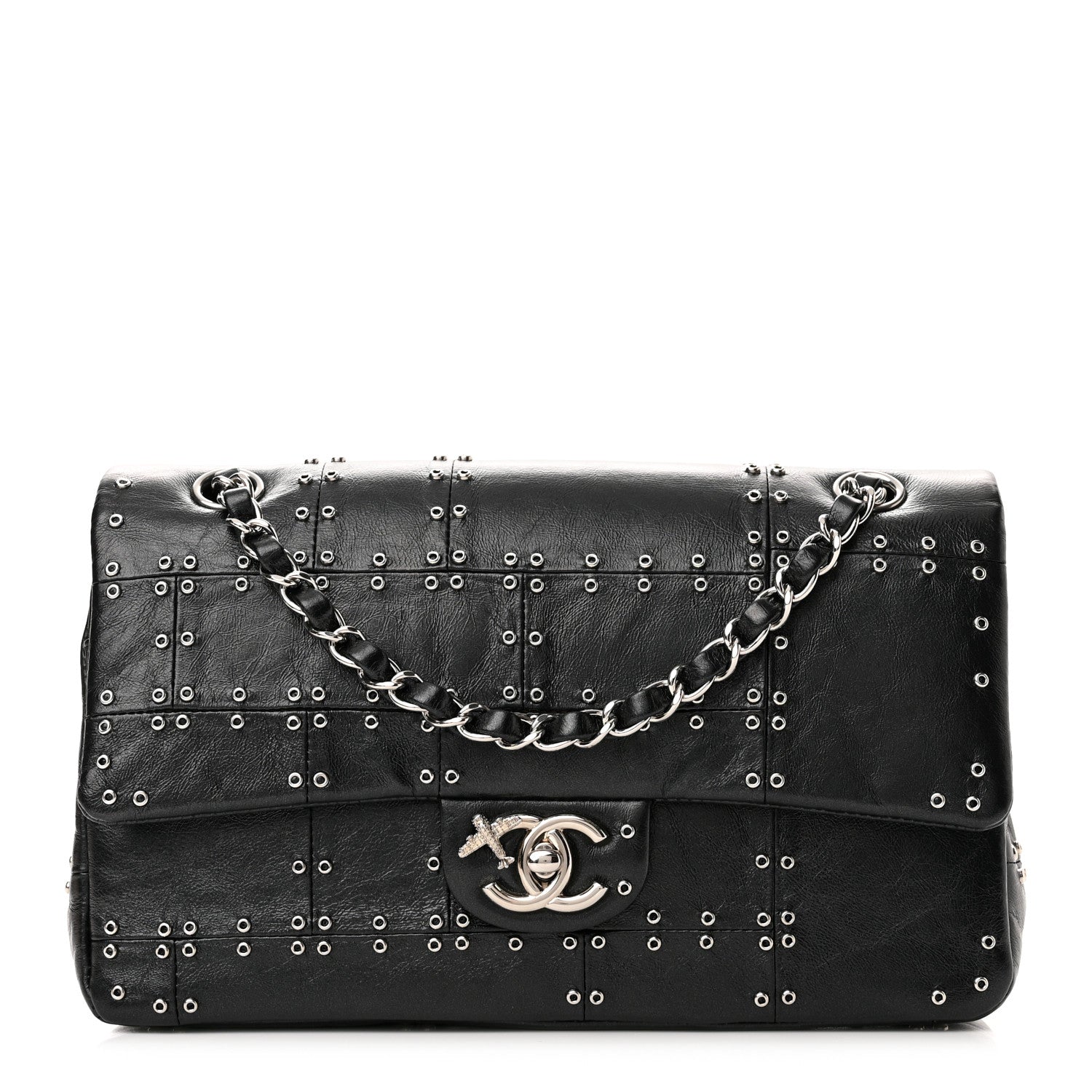 Chanel Glazed Calfskin Grommet Embellished Medium Airline Double Flap Black 1 of 11
