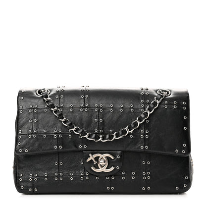 Chanel Glazed Calfskin Grommet Embellished Medium Airline Double Flap Black 1 of 11