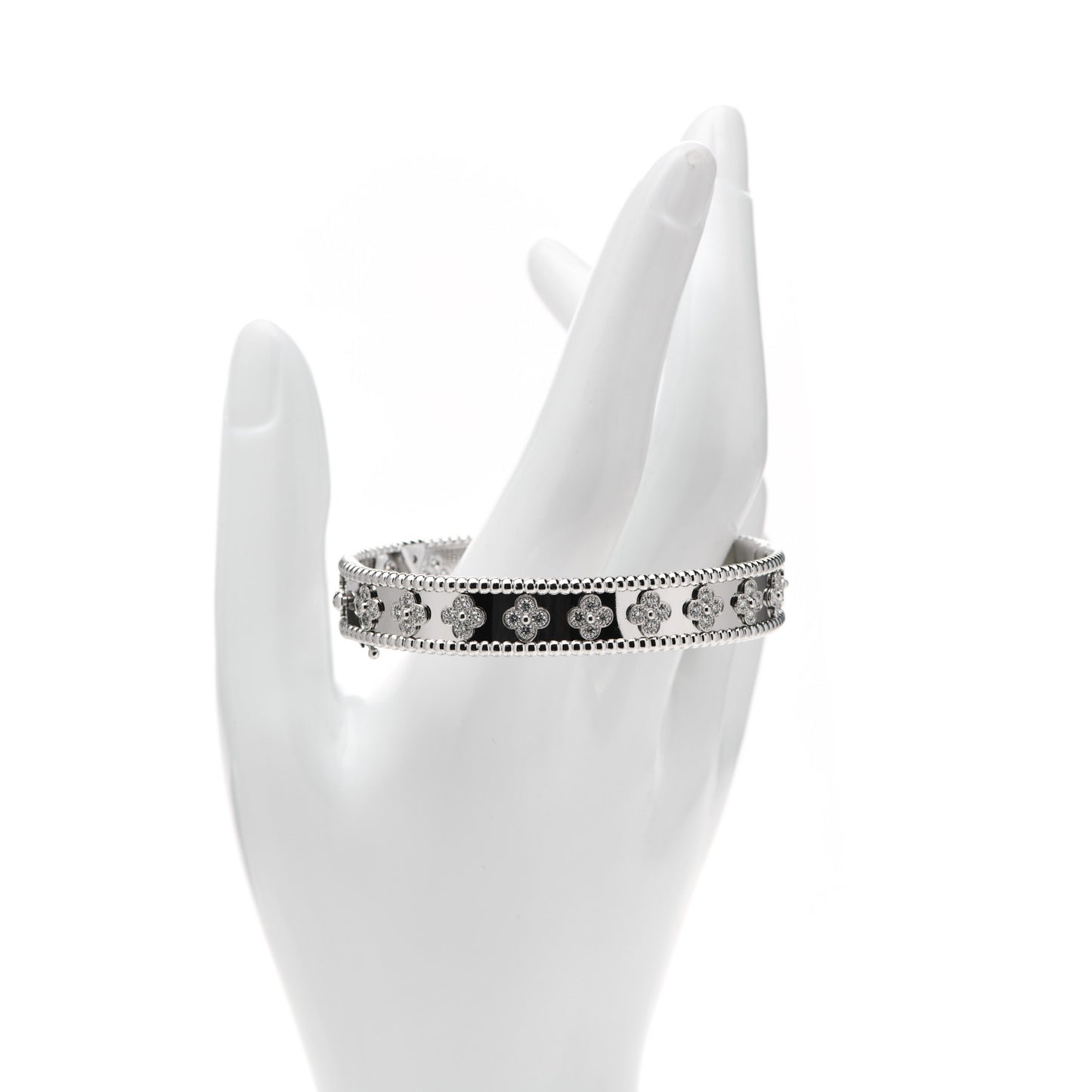 18K White Gold Diamond Perlee Clovers Bangle Bracelet M