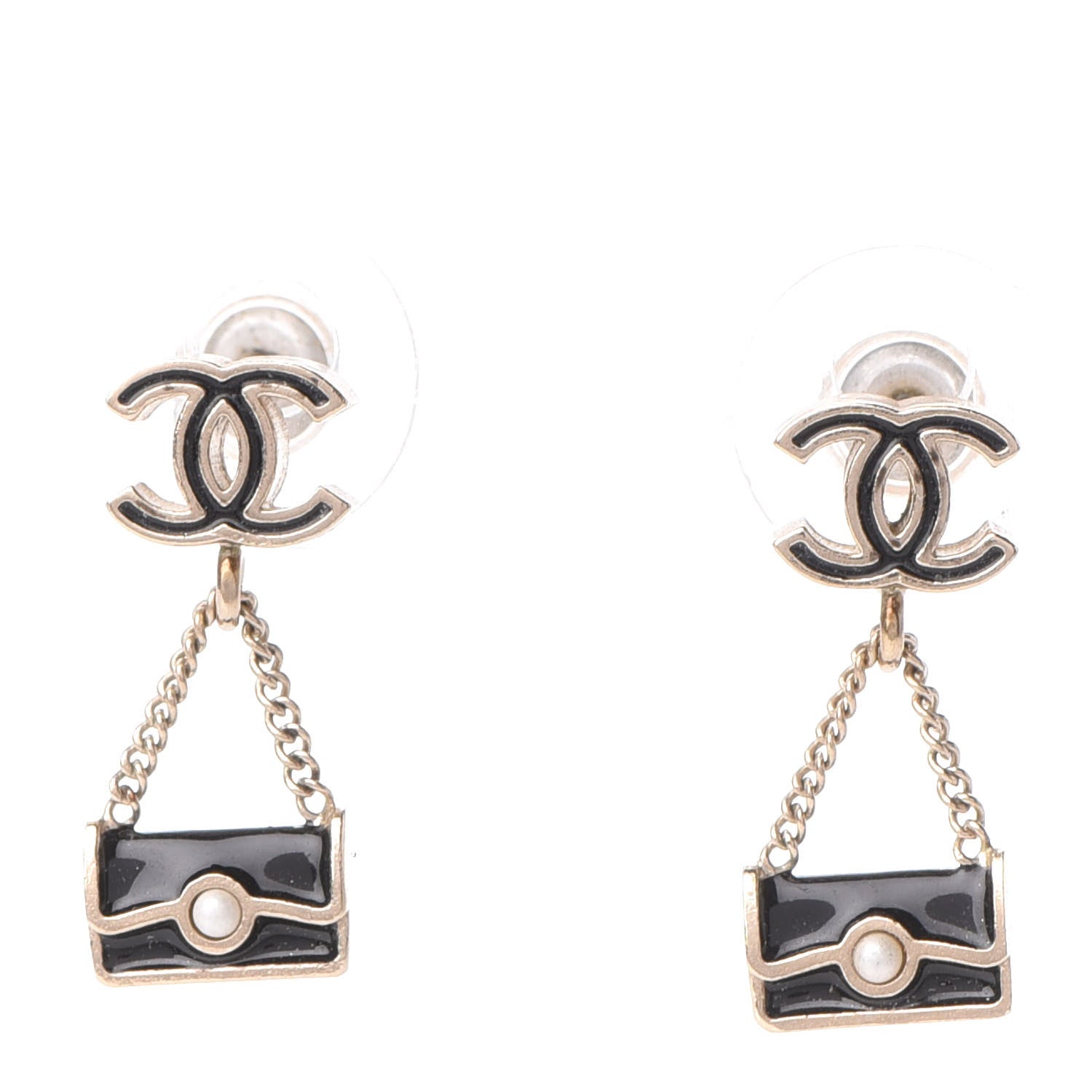 Chanel Enamel Pearl CC Flap Bag Drop Earrings Black Gold 1 of 4