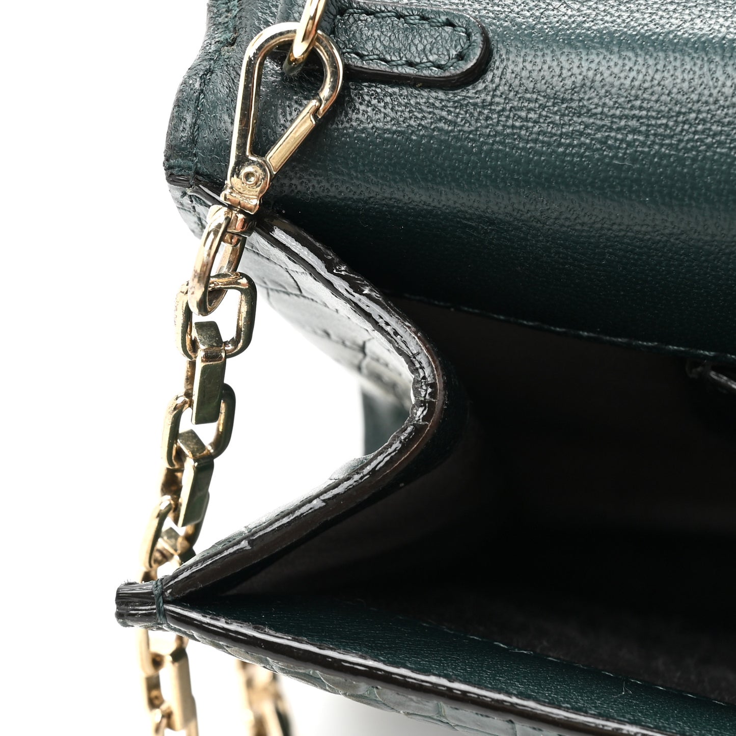 Calfskin Crocodile Embossed Varenne Chain Clutch Dark Green