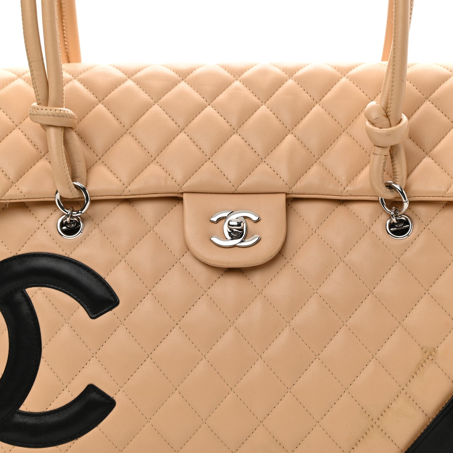 Calfskin Quilted Large Cambon Flap Beige Black