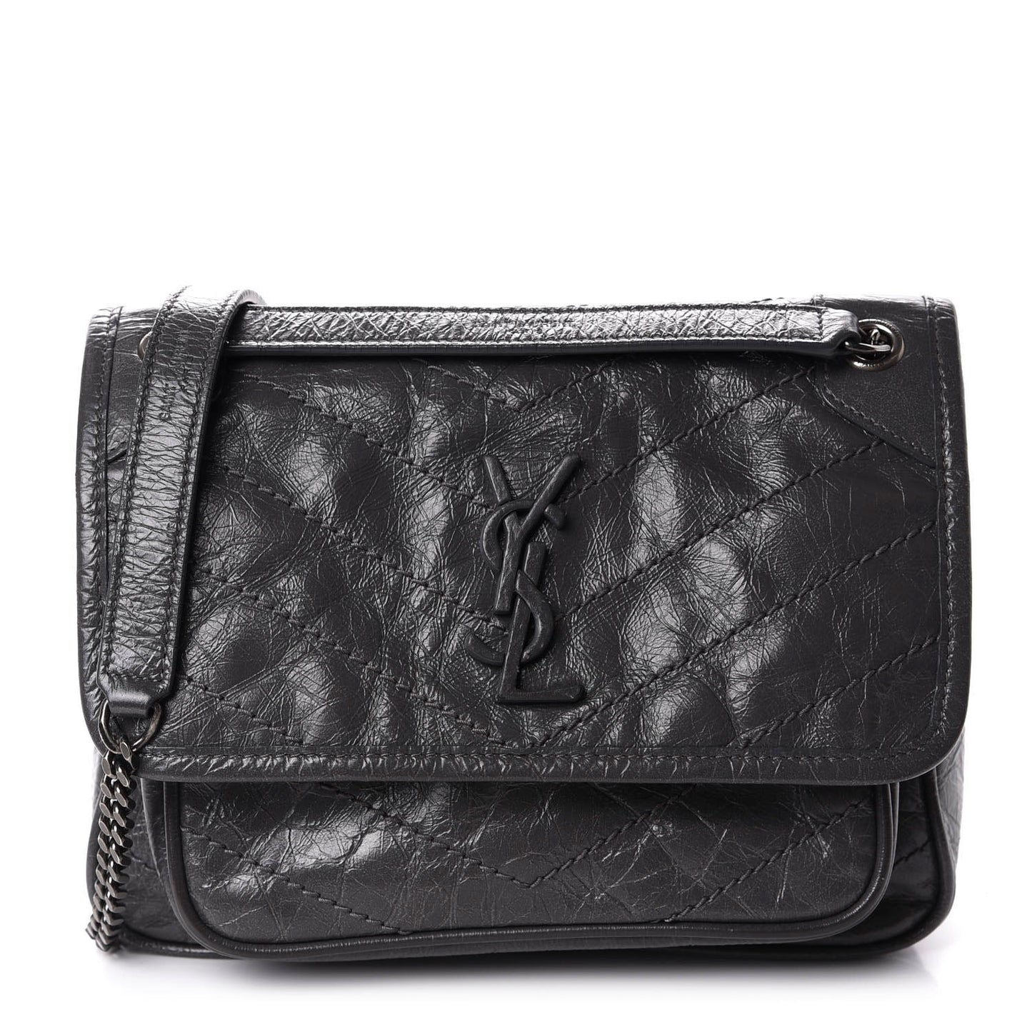 Crinkled Calfskin Matelasse Monogram Baby Niki Chain Satchel Storm
