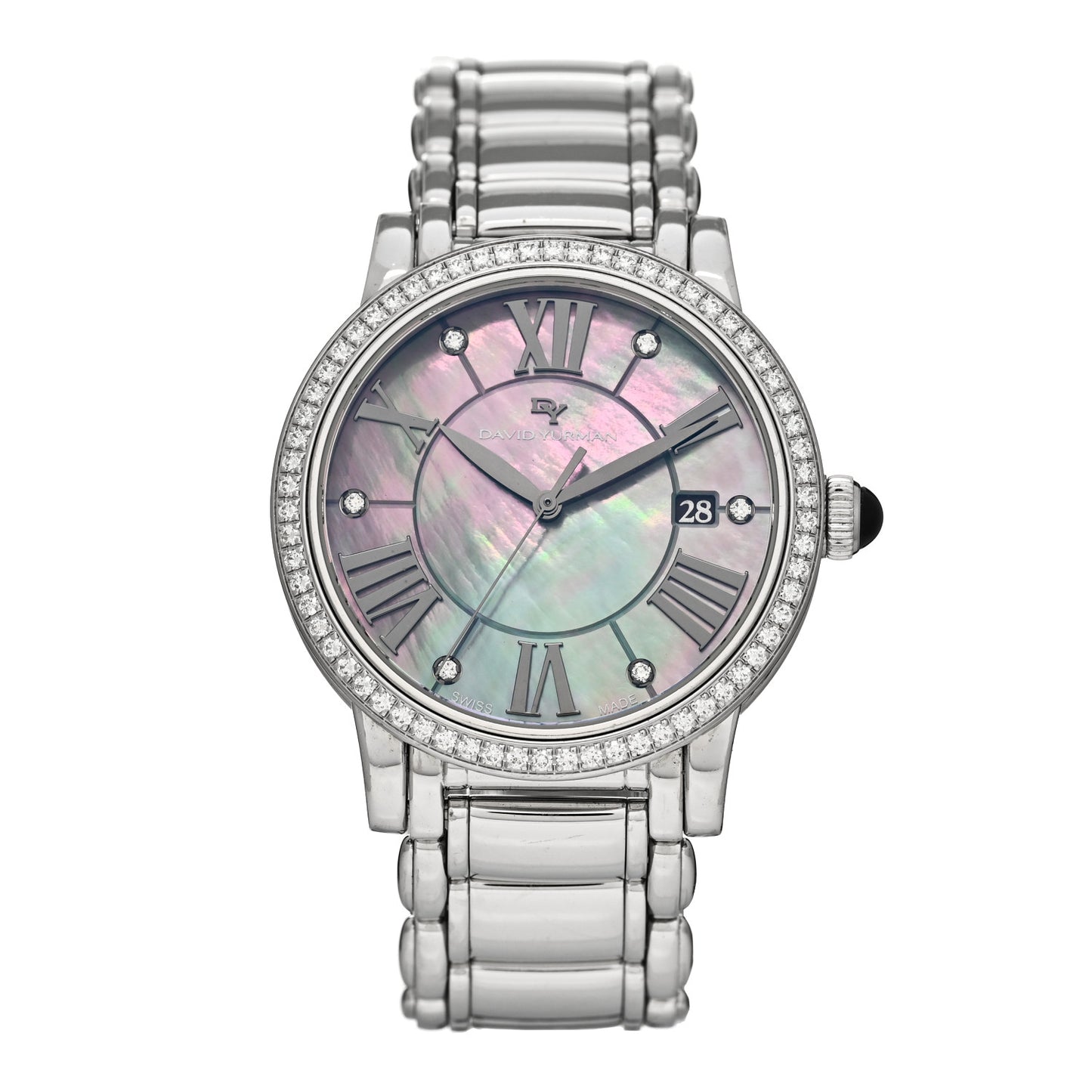 Stainless Steel Diamond Bezel Black Mother of Pearl 38mm Classic Quartz Watch