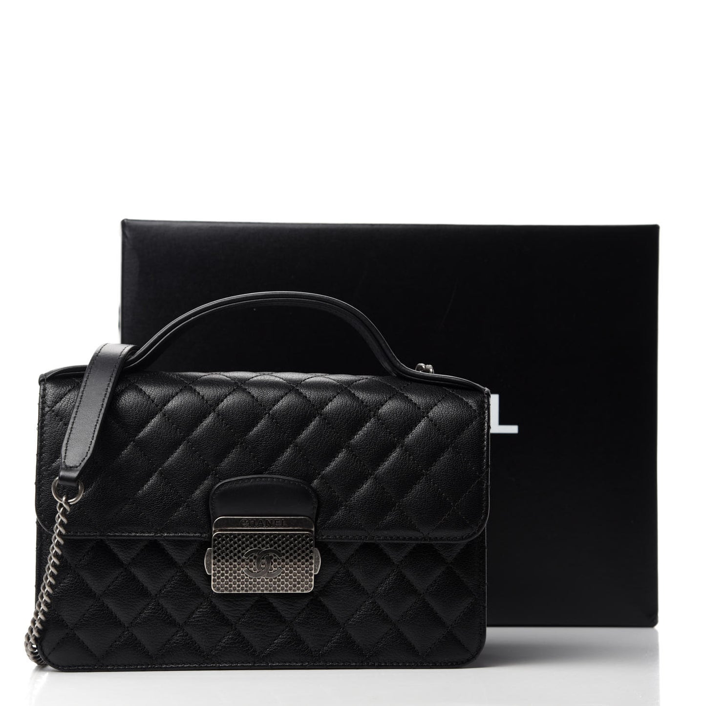Goatskin Quilted Small CC University Top Handle Flap Black