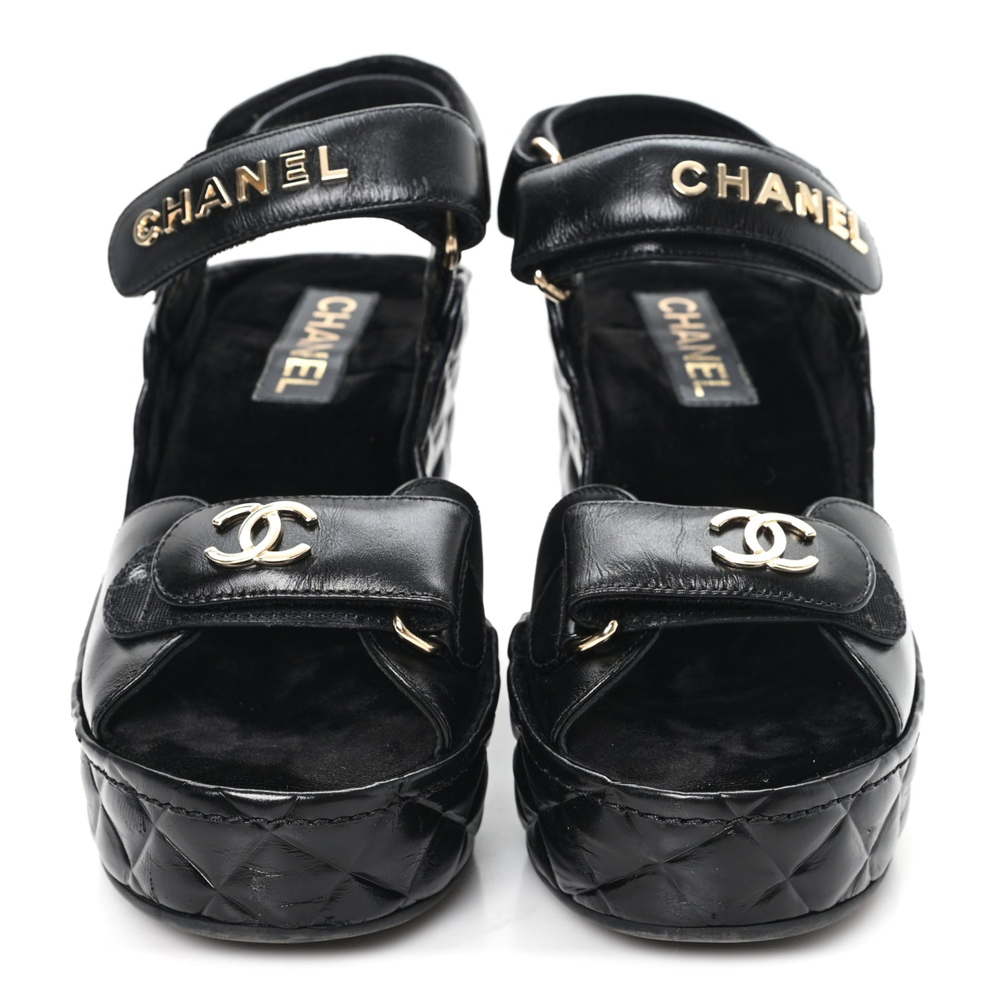 Shiny Calfskin Quilted Wedge Sandals 37 Black