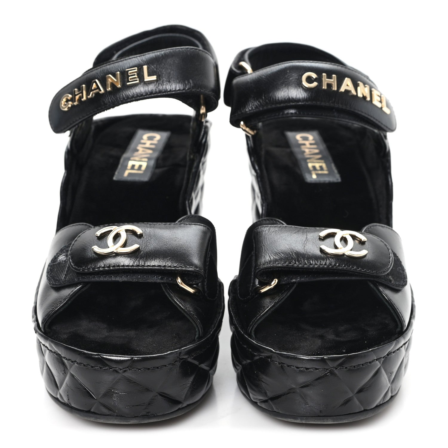 Chanel Shiny Calfskin Quilted Wedge Sandals 37 Black 3 of 9