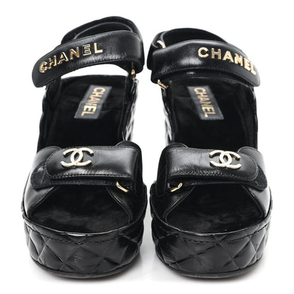Chanel Shiny Calfskin Quilted Wedge Sandals 37 Black 3 of 9