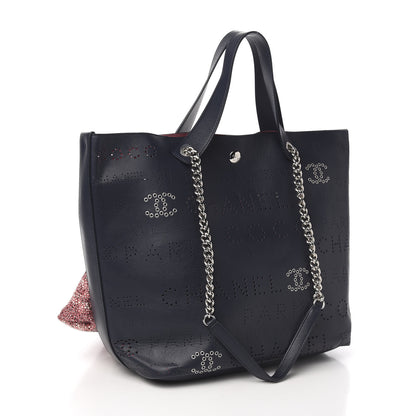 Chanel Calfskin Tweed Small Logo Eyelets Shopping Tote Navy Blue 6 of 10