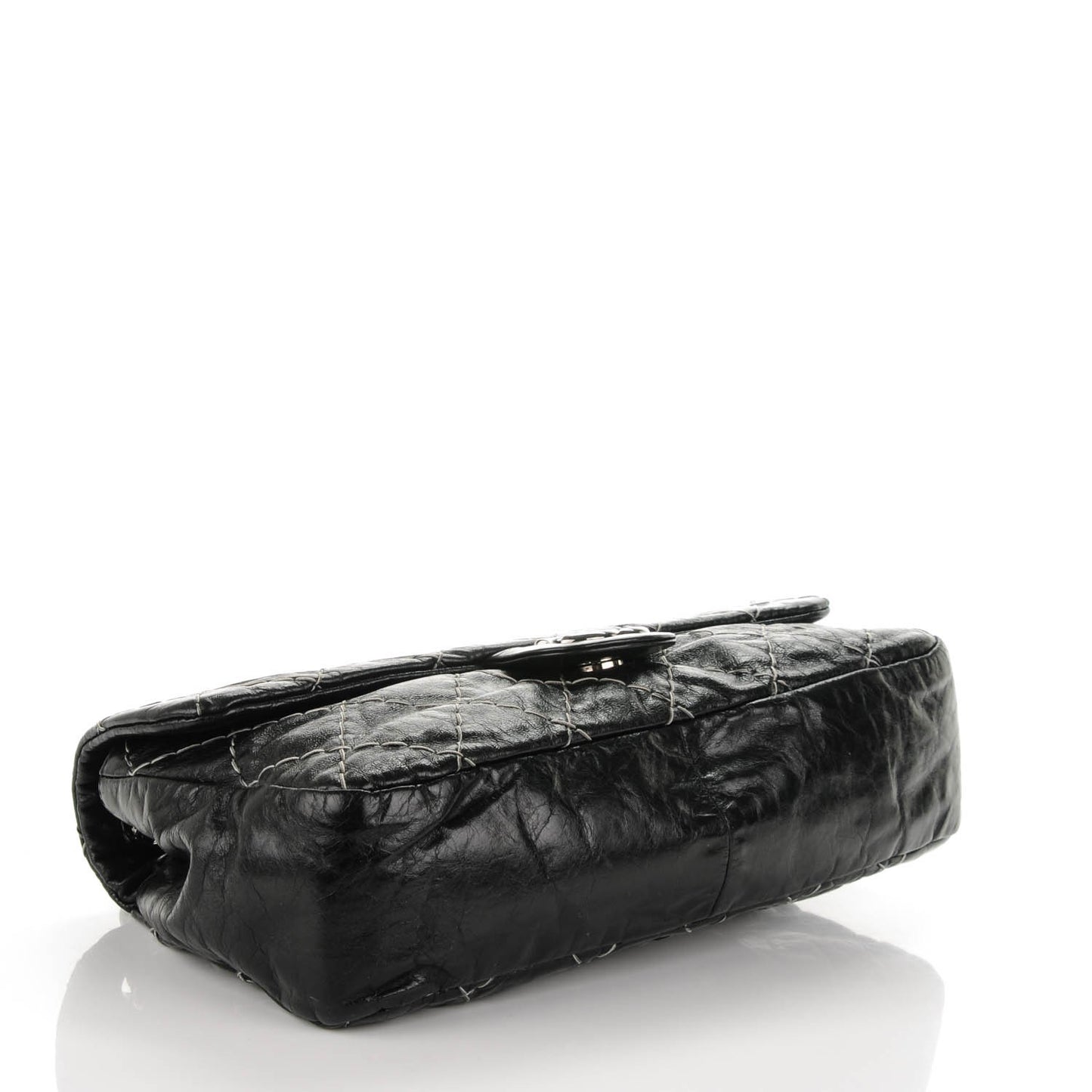 Glazed Goatskin Double Stitch Flap Black