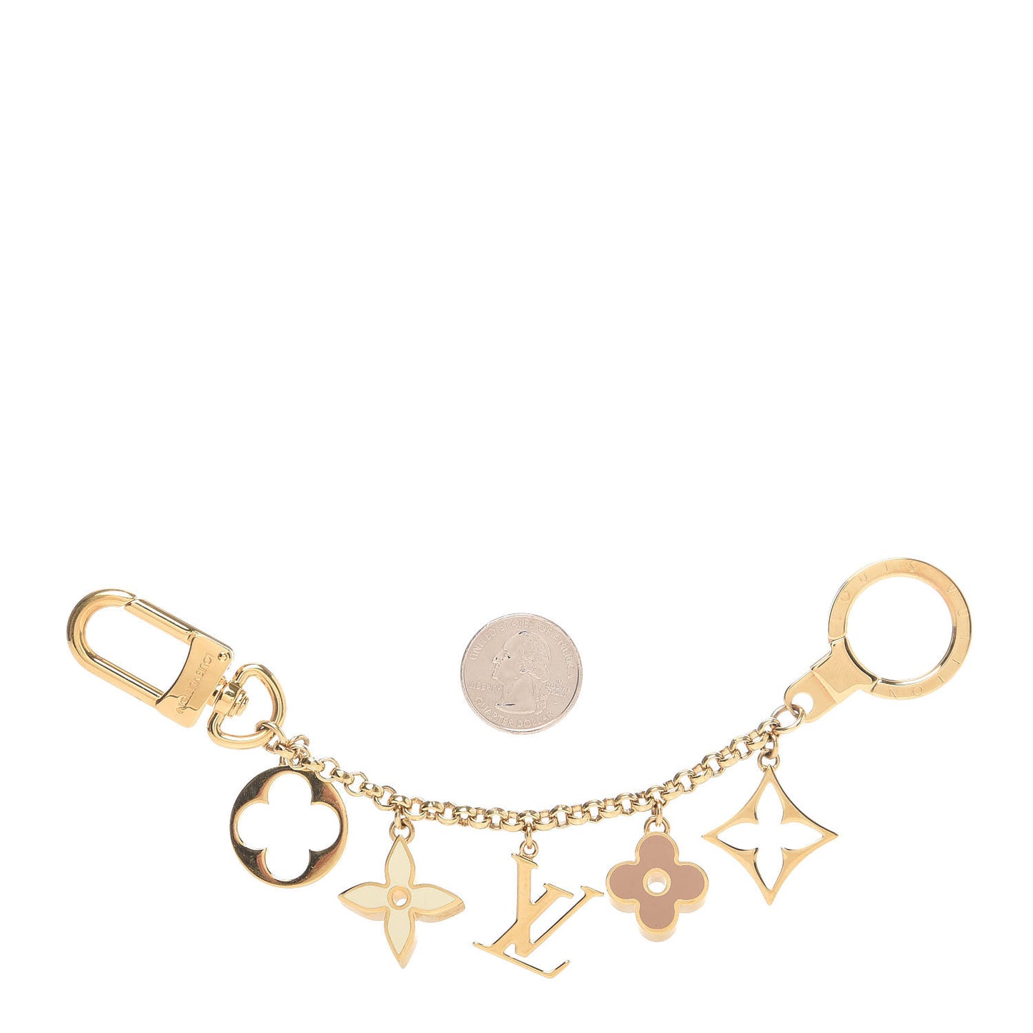 Brass Enamel Fleur De Monogram Bag Charm Chain Gold