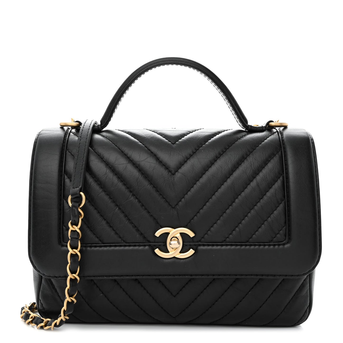 Calfskin Chevron Quilted Top Handle Flap Black