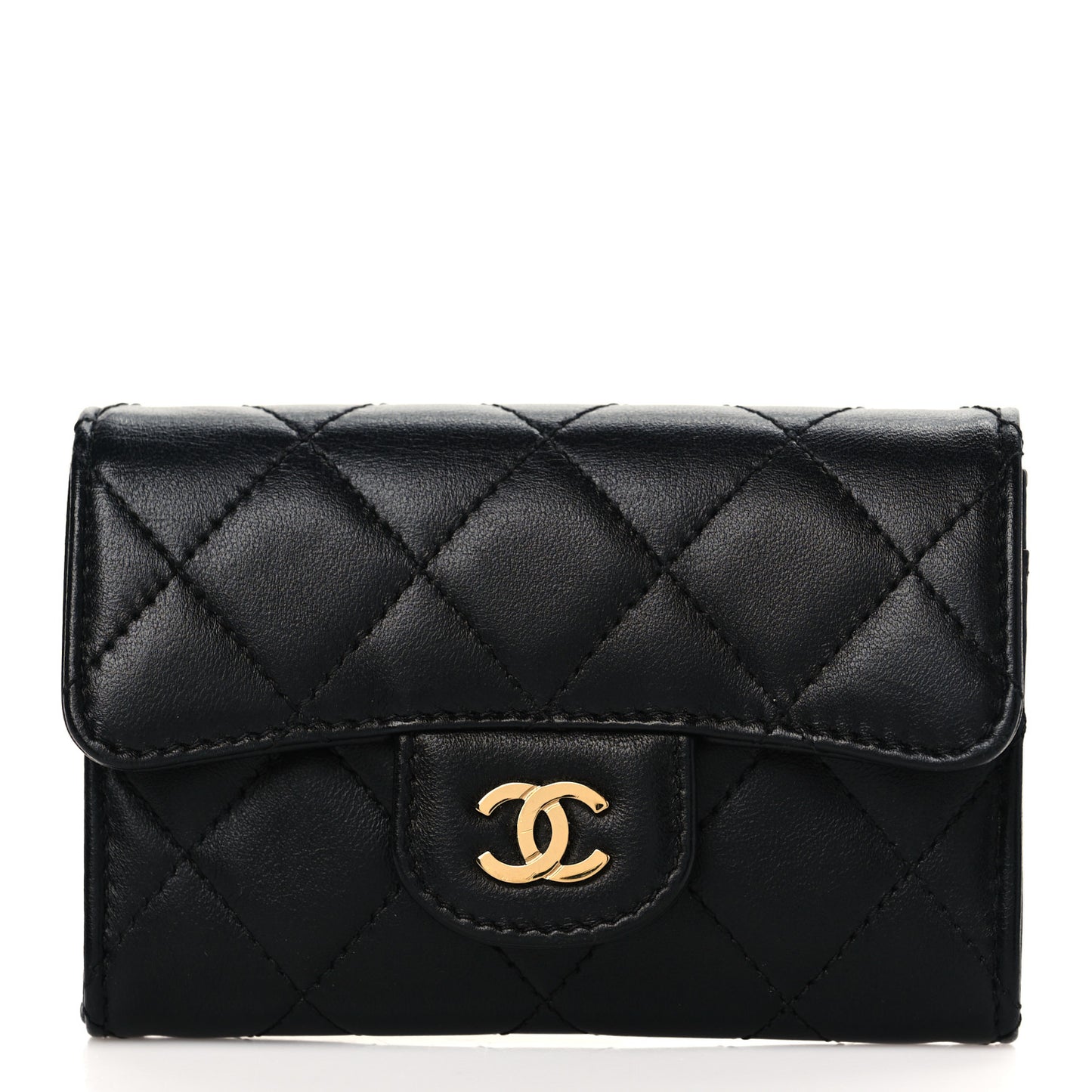 Lambskin Quilted Flap Card Holder Wallet Black