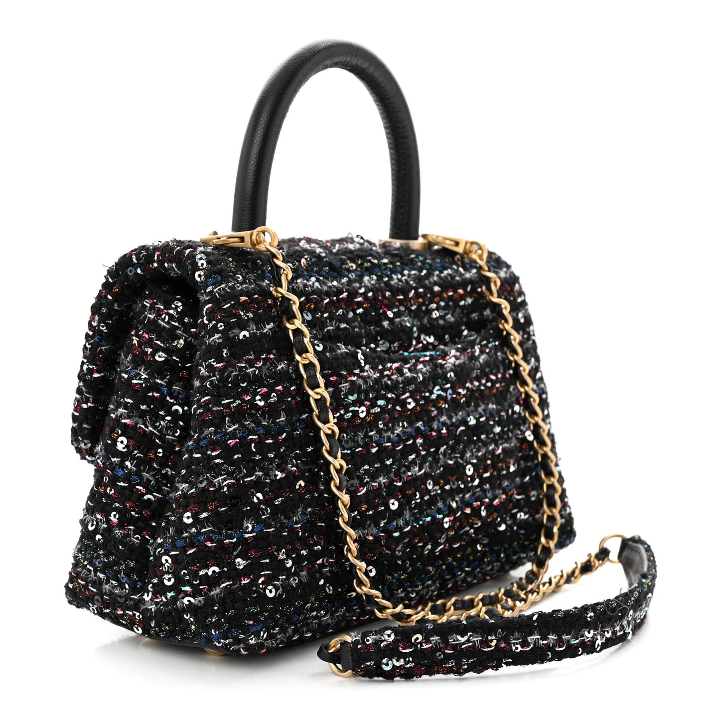 Tweed Sequin Mini Coco Handle Flap Black