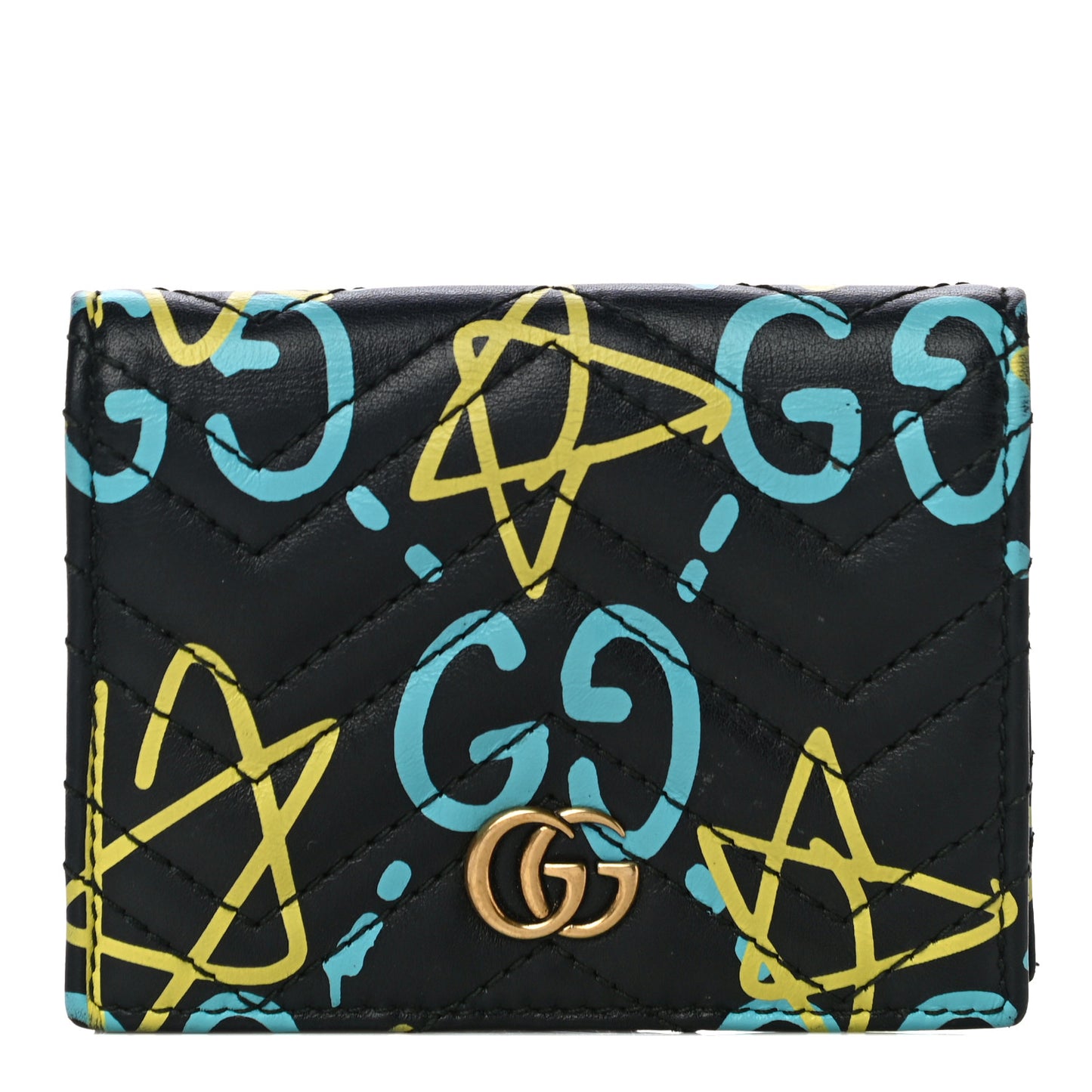 Calfskin Matelasse GucciGhost GG Marmont Card Case Wallet Black New Acquamarine