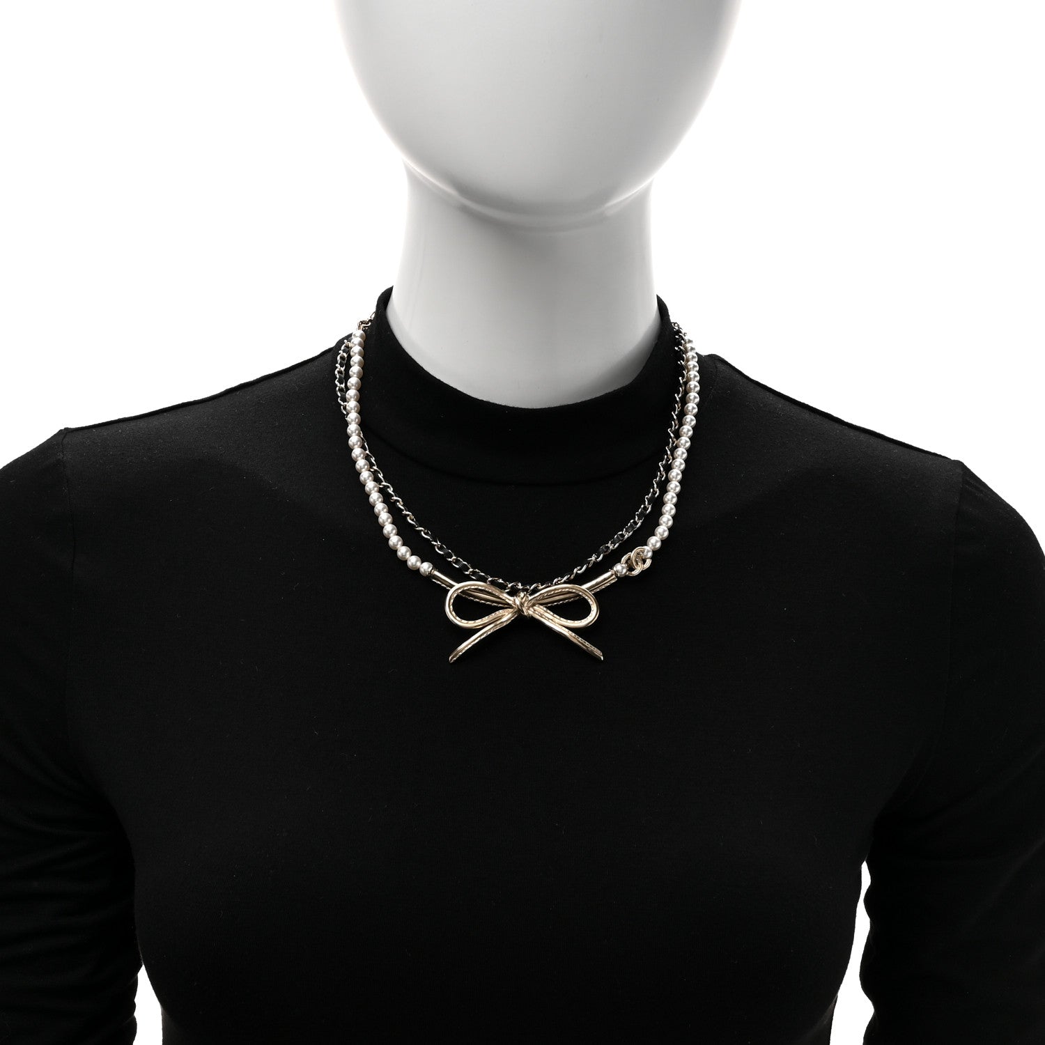 Chanel Calfskin Pearl Metal CC Bow Necklace Gold White Black 2 of 5