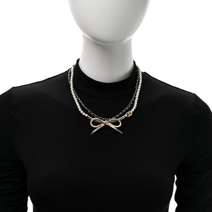 Chanel Calfskin Pearl Metal CC Bow Necklace Gold White Black 2 of 5