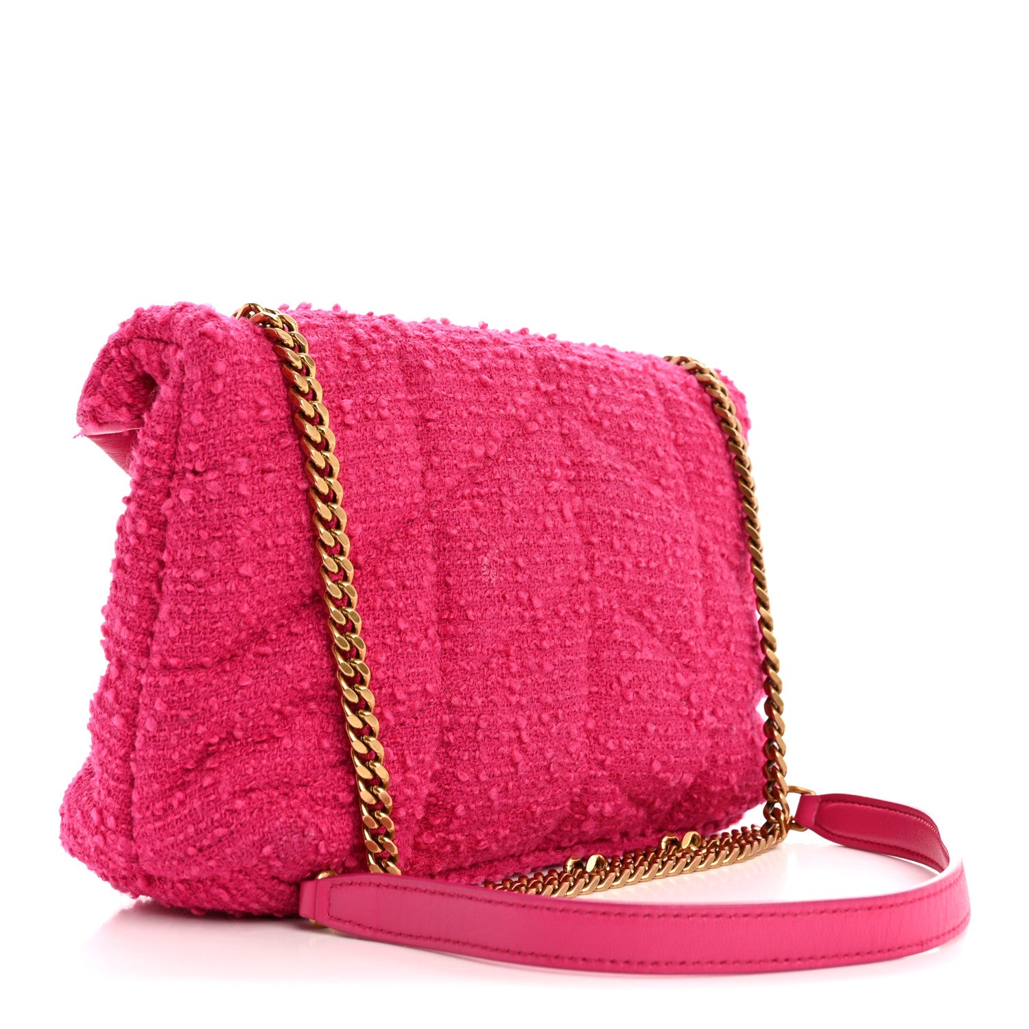Saint Laurent Boucle Tweed Quilted Toy Loulou Puffer Monogram Chain Satchel Magenta 3 of 13