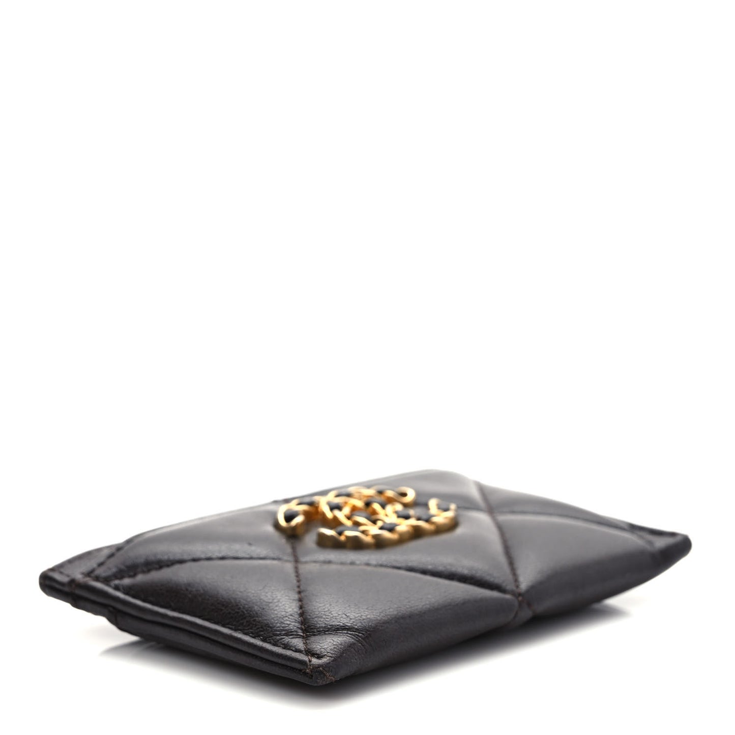 Lambskin Quilted Chanel 19 Card Holder Dark Brown